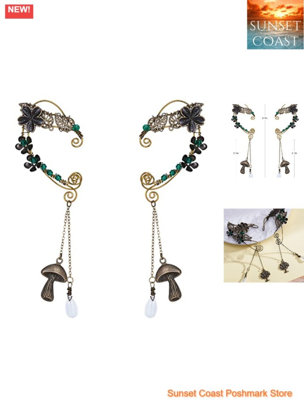 Handmade Bronze Antique Elf Ear Cuffs Dangling Ear Clips Wraps Renaissance